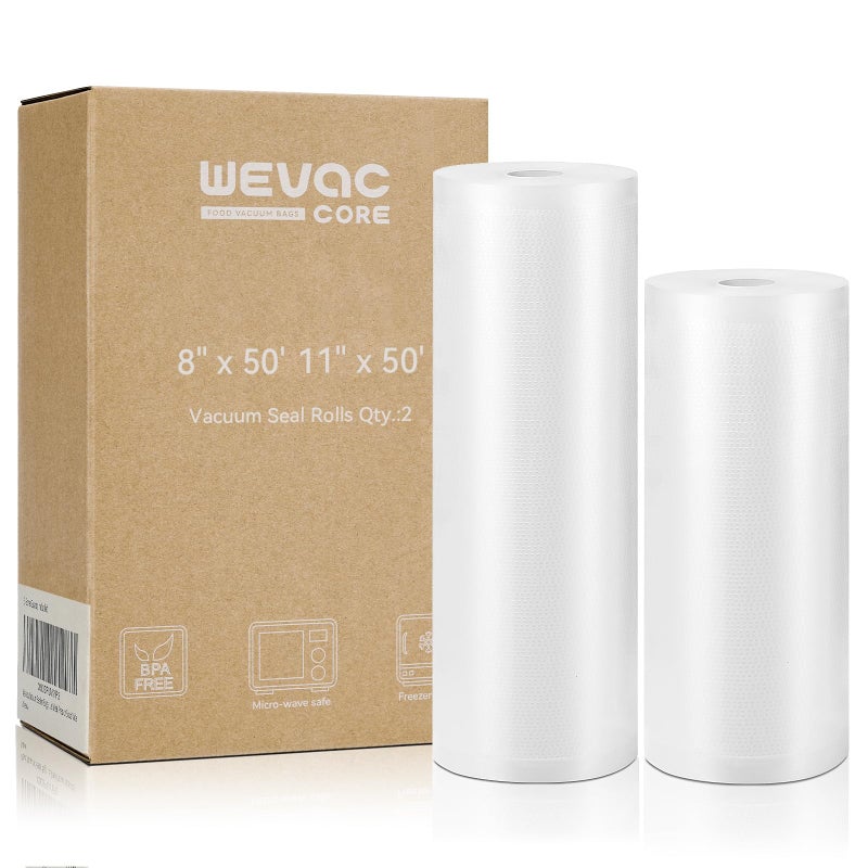 Wevac Vacuum Sealer Bags 8x50, 11x50 Rolls 2 pack for Food Saver, Seal a Meal, Weston. Commercial Grade, BPA Free, Heavy Duty, Great for vac storage, Meal Prep or Sous Vide - Image 1